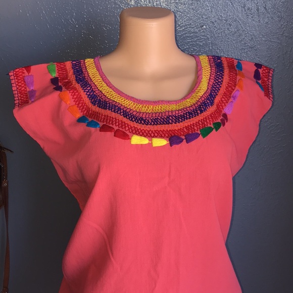 Rainbow Embroidered Mexican Artisan Coral  Top - Picture 11 of 11